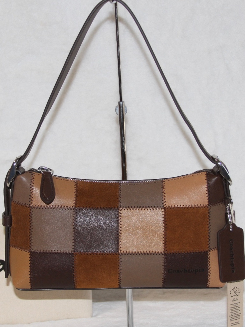COACH Coachtopia Alter Ego Small Slouchy Shoulder Bag Checkerboard Leather Tan